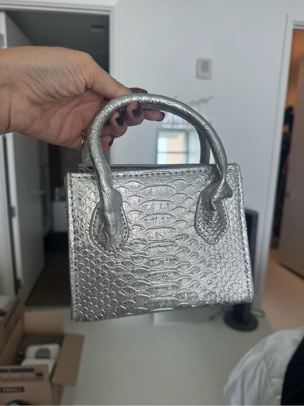 Silver Croc-Embossed Mini Top-Handle Bag